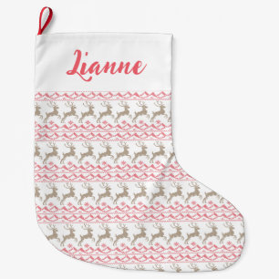 Grande Chaussette De Noël Motif de cerf vintage et flocons de neige Nom pers
