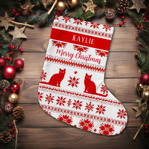 Grande Chaussette De Noël Motif de chat nordique rouge Noël
