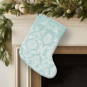 Grande Chaussette De Noël Motif de Damas Vintage bleu glace avec finition gr