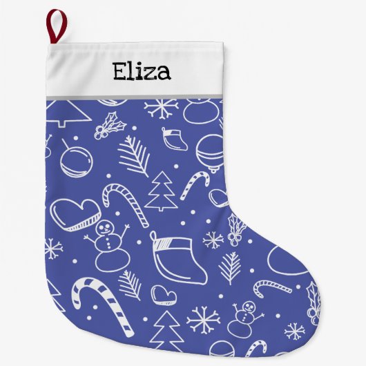 Grande Chaussette De Noël Motif de Noël Blue Doodle - Amusant et Festif (Devant)