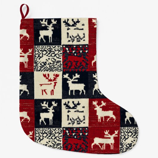 Grande Chaussette De Noël Motif de Noël en Patchwork | Rustique (Devant)