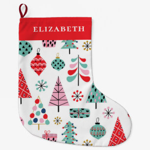 Grande Chaussette De Noël Motif de Noël. Nom. Rose rouge bleu moderne