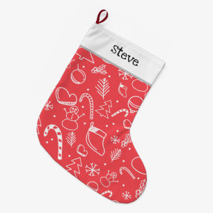 Grande Chaussette De Noël Motif de Noël Red Doodle - Fêtes de fin d'année