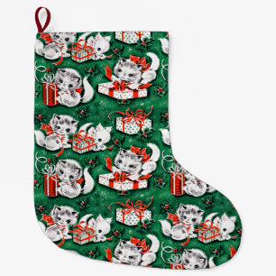 Grande Chaussette De Noël motif de Noël Vintage Vert des années 50 avec chat