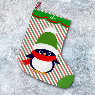 Grande Chaussette De Noël Motif de pingouin d'hiver mignon personnalisé