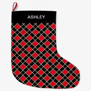 Grande Chaussette De Noël Motif diamant noir et rouge élégant