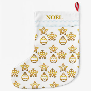 Grande Chaussette De Noël Motif d'or de Noël en blanc