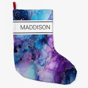 Grande Chaussette De Noël Motif En Marbre Violet Et Bleu