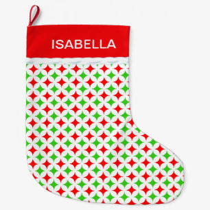 Grande Chaussette De Noël Motif étoile diamant vert et rouge sur fond blanc