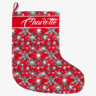 Grande Chaussette De Noël Motif festif de flocons de neige argentés scintill