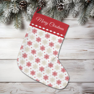 Grande Chaussette De Noël Motif Flocon de Neige Or Rouge