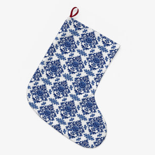 Grande Chaussette De Noël Motif floral baroque bleu royal et blanc de luxe