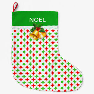 Grande Chaussette De Noël Motif Green & Red Diamond Star sur White Large Ch