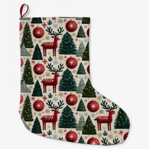 Grande Chaussette De Noël Motif traditionnel de sapins et rennes de Noël