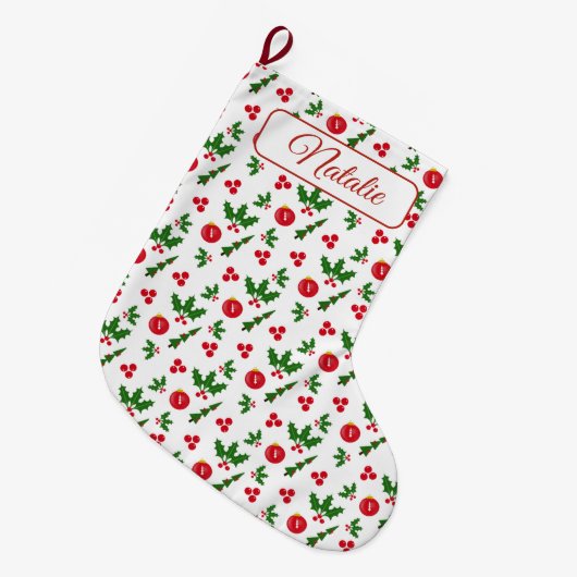 Grande Chaussette De Noël Motifs de vacances rouges et verts sur blanc Perso (Devant (Accrochage))