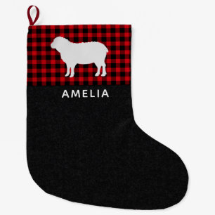 Grande Chaussette De Noël Moutons plis de buffle rouge et noir personnalisés