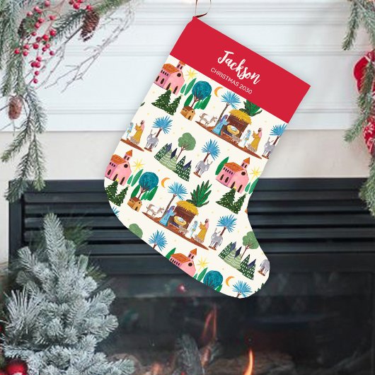 Grande Chaussette De Noël Nativity Scene Ecru Hand drawn Christmas