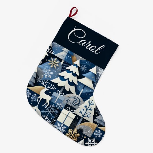 Grande Chaussette De Noël Navy Blue Gold Nordic Christmas Forest Pattern (Devant (Accrochage))