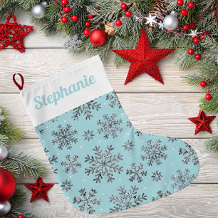 Grande Chaussette De Noël Noël bleu chic en poudre avec des flocons de neige