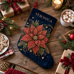 Grande Chaussette De Noël Noël dans les Étoiles   Poinsettia