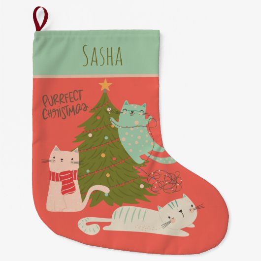 Grande Chaussette De Noël Noël de chat personnalisé (Devant)