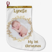 Grande Chaussette De Noël Noël du bébé, photo, nom, or, blanc (Devant)