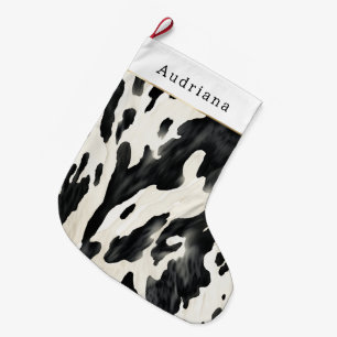 Grande Chaussette De Noël Noël Impression Vache Crème Noire Ferme