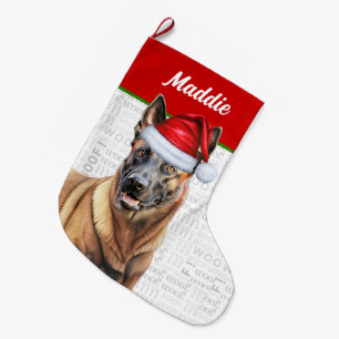 Grande Chaussette De Noël Noël Malinois belge avec le nom du chien