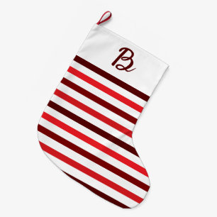 Grande Chaussette De Noël Noël Monogramme Rayures Rouge Clair Foncé