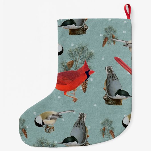 Grande Chaussette De Noël Noël Oiseau Cardinal Nuthatch Chickadee Neige (Dos)