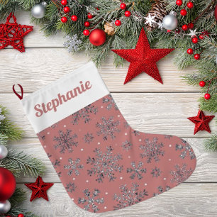 Grande Chaussette De Noël Noël or Rose chic avec des flocons de neige élégan