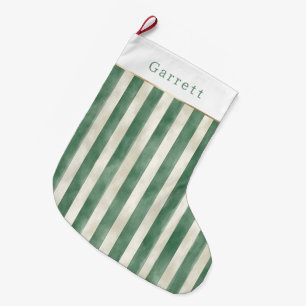 Grande Chaussette De Noël Noël Rayures Crème Vert Hiver