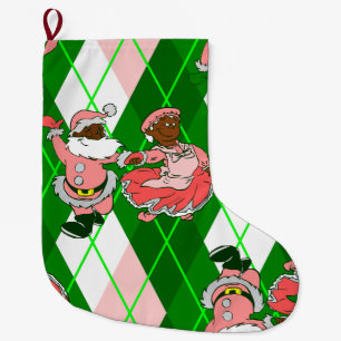 Grande Chaussette De Noël Noël rose femme de Père Noël noir à carreaux
