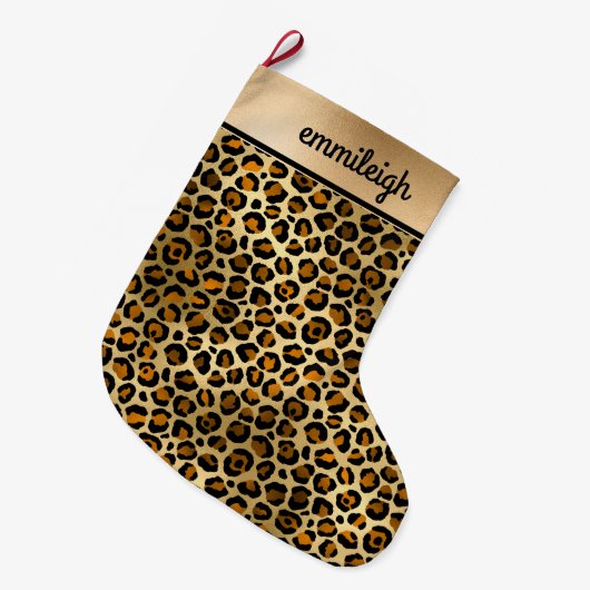 Grande Chaussette De Noël Noir Or Guépard Léopard Monogramme Noël (Devant (Accrochage))