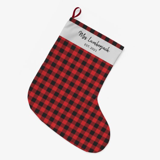 Grande Chaussette De Noël Nom de buffle à chèque rouge noir personnalisé (Devant (Accrochage))