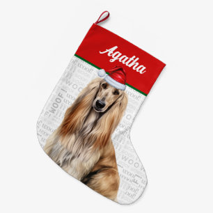 Grande Chaussette De Noël Nom de chien Afghan Hound de Noël Fond Woof