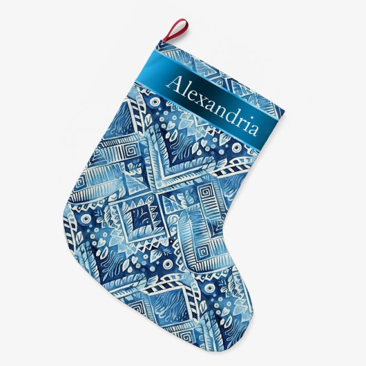 Grande Chaussette De Noël Nom de Noël Aqua Blue Batik (Devant (Accrochage))