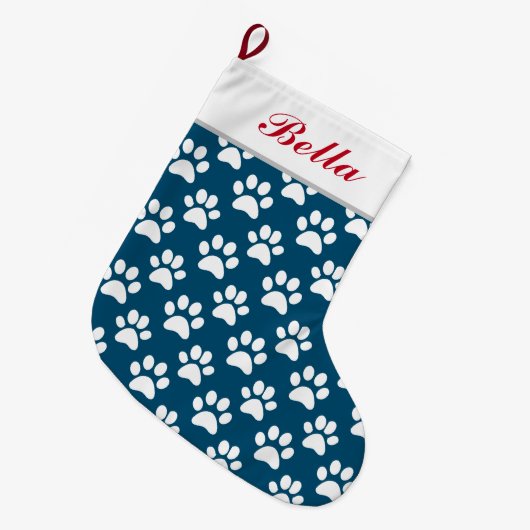 Grande Chaussette De Noël Nom du chat de chien de compagnie Bleu Blanc Empre (Devant (Accrochage))