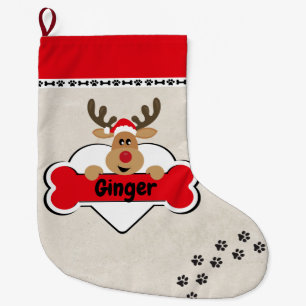 Grande Chaussette De Noël Nom du chien avec un renne mou blanc cassé