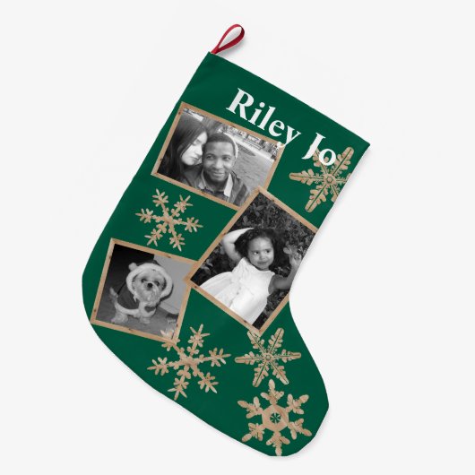 Grande Chaussette De Noël Nom facultatif de flocon de neige rustique vert (Devant (Accrochage))