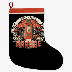 Grande Chaussette De Noël Nom personnalisé Garage moto moto pompe à gaz rétr