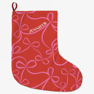 Grande Chaussette De Noël Nom personnalisé Ruban rose et rouge Motif de noeu