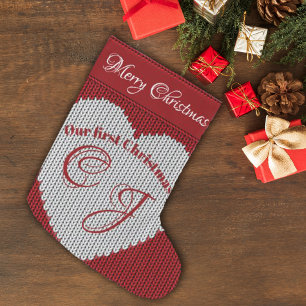 Grande Chaussette De Noël Notre Premier Noël Rouge Tricot Laineux Monogramme
