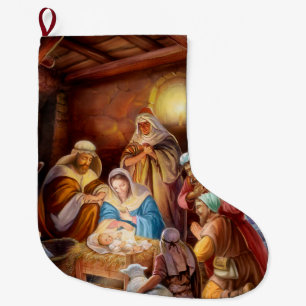 Grande Chaussette De Noël Nuit sainte Jésus dans la mangeoire