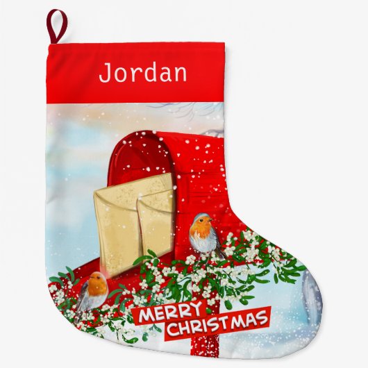 Grande Chaussette De Noël Oiseaux d'hiver sur boîte de poste rouge neige Per (Devant)