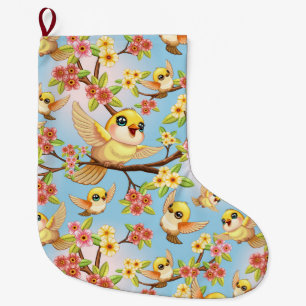 Grande Chaussette De Noël Oiseaux mignons et heureux parmi les fleurs du pri