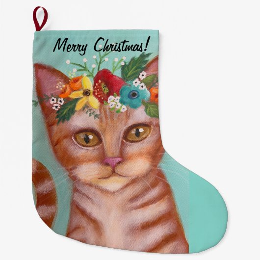 Grande Chaussette De Noël Orange Cat Whimsical Art (Devant)