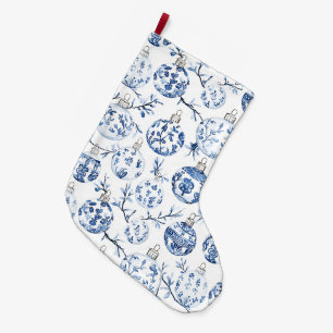 Grande Chaussette De Noël Ornements de Noël Bleus Blancs Élégants