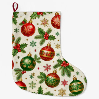 Grande Chaussette De Noël Ornements de Noël vintage & motif de houx – Rouge