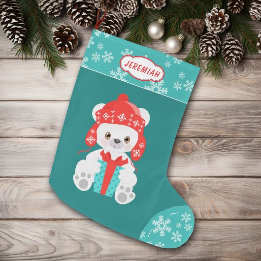 Grande Chaussette De Noël Ours polaire de flocon de neige turquoise
